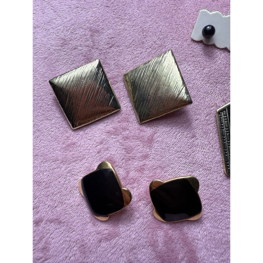 Vintage Black Gold Statement Earrings Lot Square Studs & Dangle Set of 3 Pairs - Picture 2 of 6